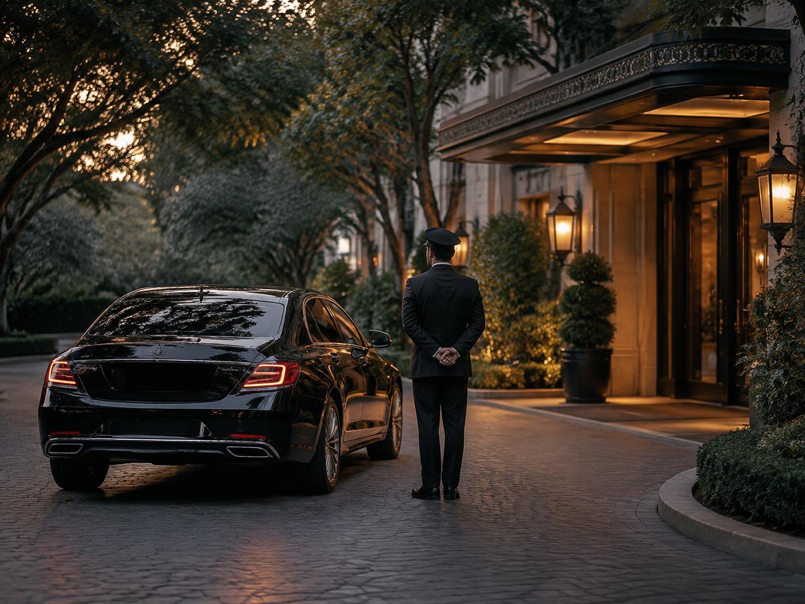 Chauffeur waiting beside a private car at a hotel entrance